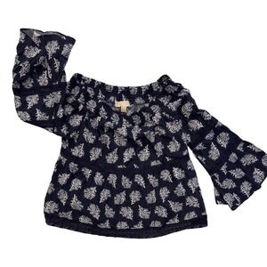 Michael Kors Off Shoulder Top Navy White Floral Print Bell Sleeve Boho Blouse